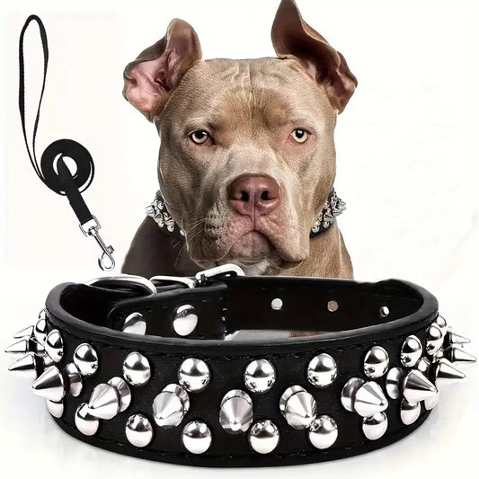 PawsGuard Spiked Leather Dog Collar and Leash Set